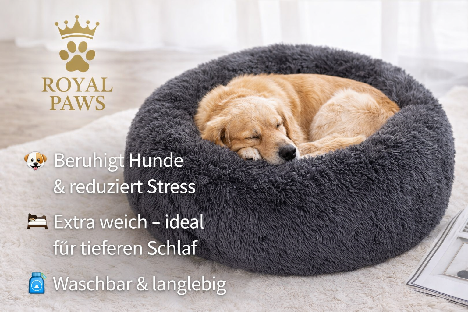 Royal Paws™️ Flauschiges Donut-Hundebett – Anti-Stress & Waschbar