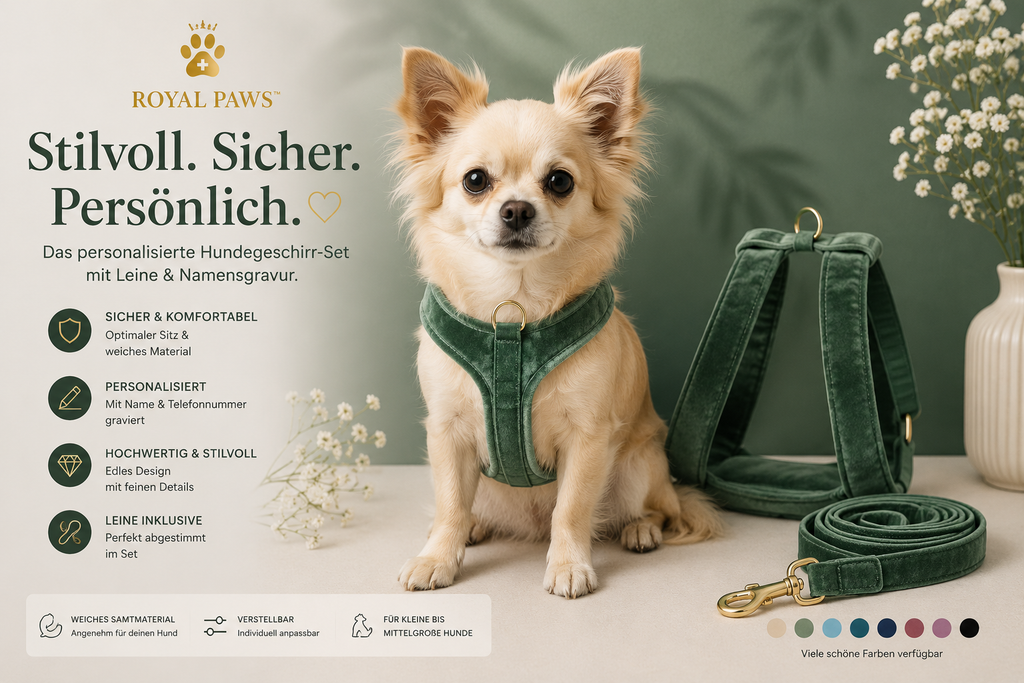 ✨ Royal Paws™ Personalisiertes Samt Hundegeschirr Set mit Leine & Namensgravur