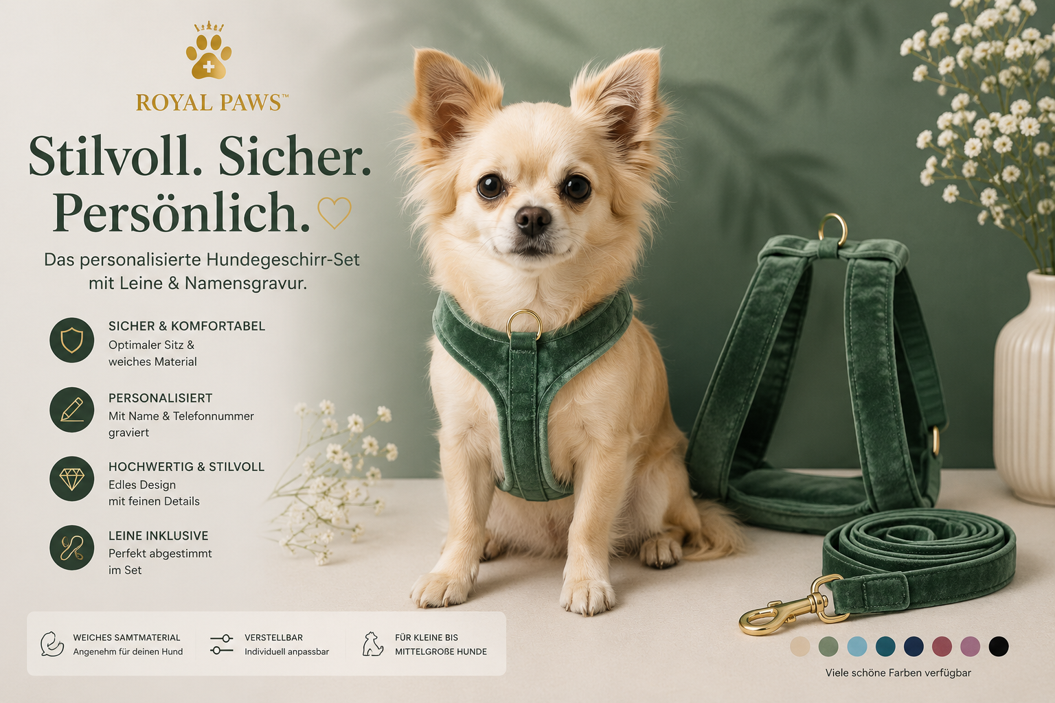 ✨ Royal Paws™ Personalisiertes Samt Hundegeschirr Set mit Leine & Namensgravur