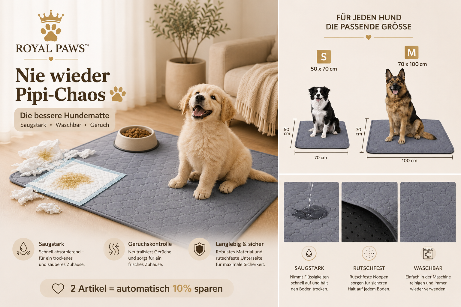 🐶 Royal Paws™ Waschbare Premium-Welpenunterlage / Pipiunterlage