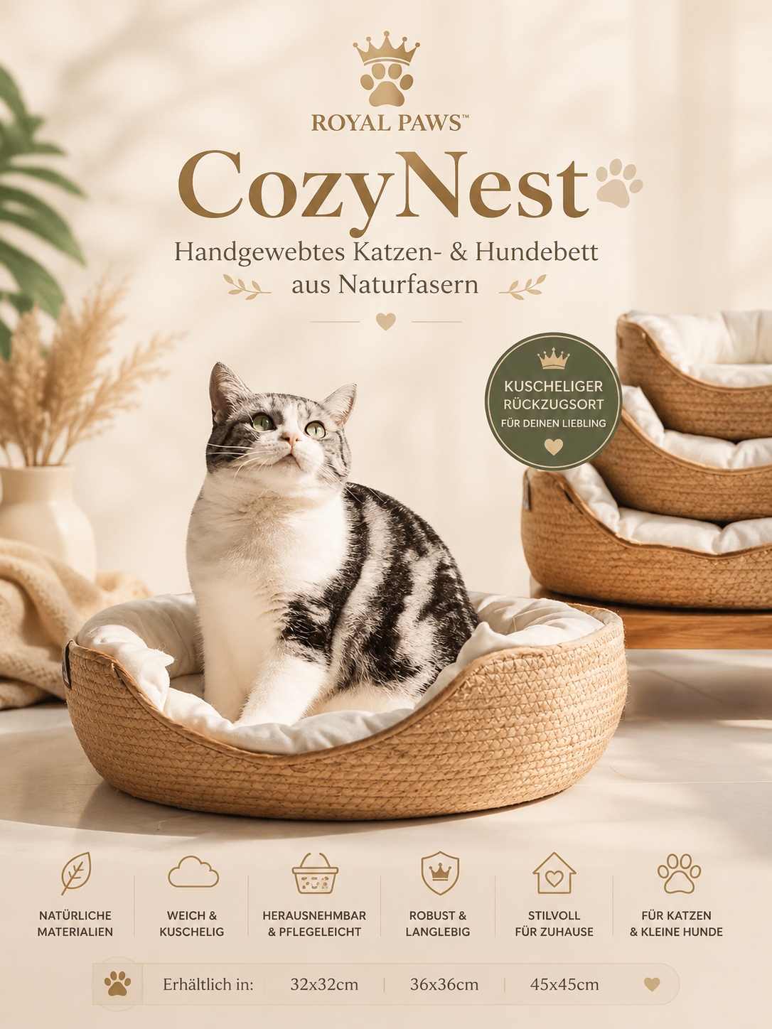 🧺 Royal Paws™ CozyNest - Handgewebtes Katzen- & Hundebett aus Naturfasern