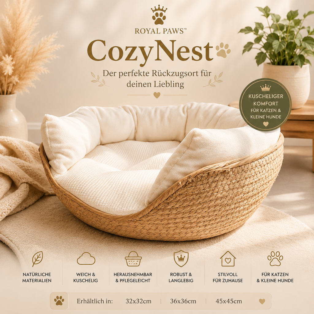 🧺 Royal Paws™ CozyNest - Handgewebtes Katzen- & Hundebett aus Naturfasern