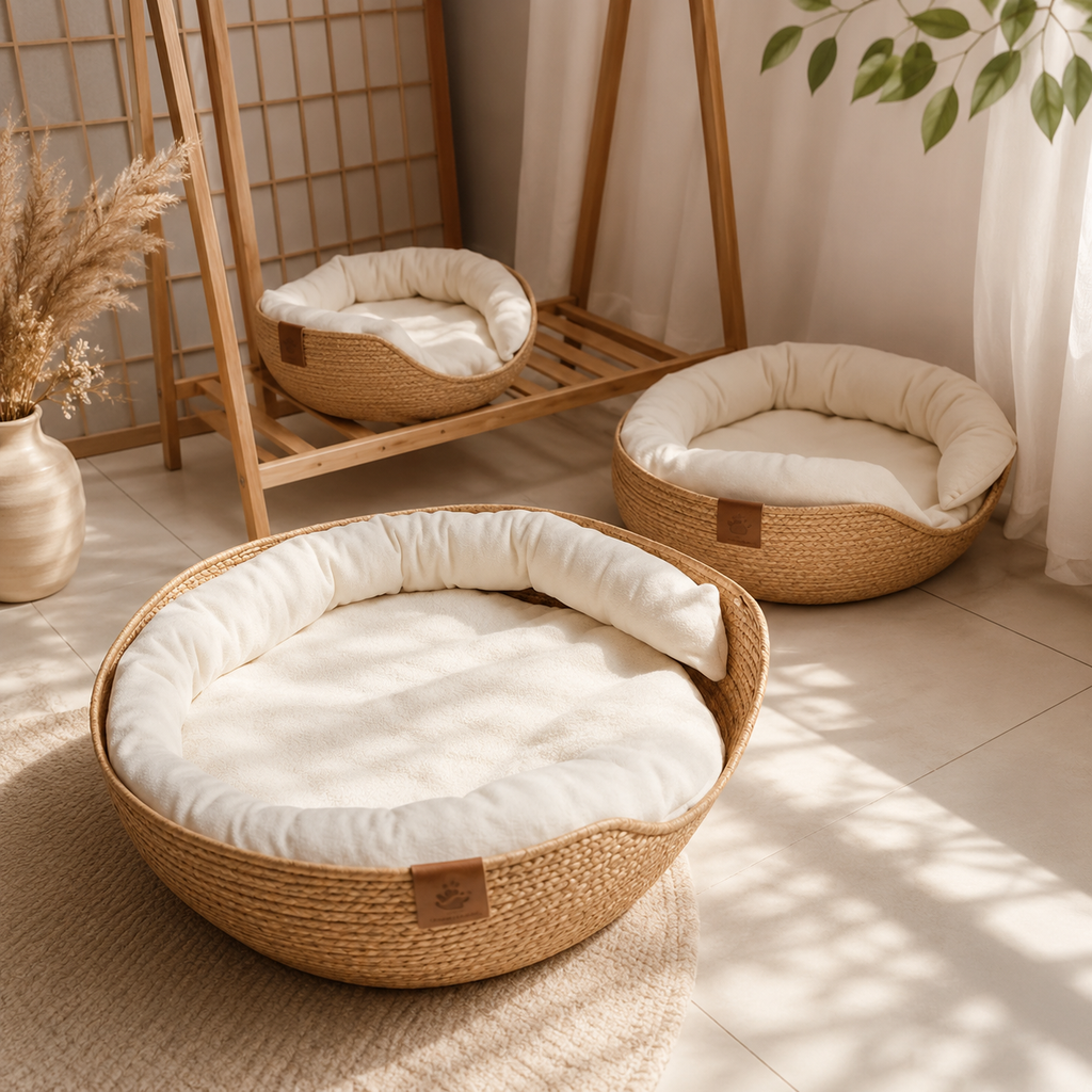 🧺 Royal Paws™ CozyNest - Handgewebtes Katzen- & Hundebett aus Naturfasern