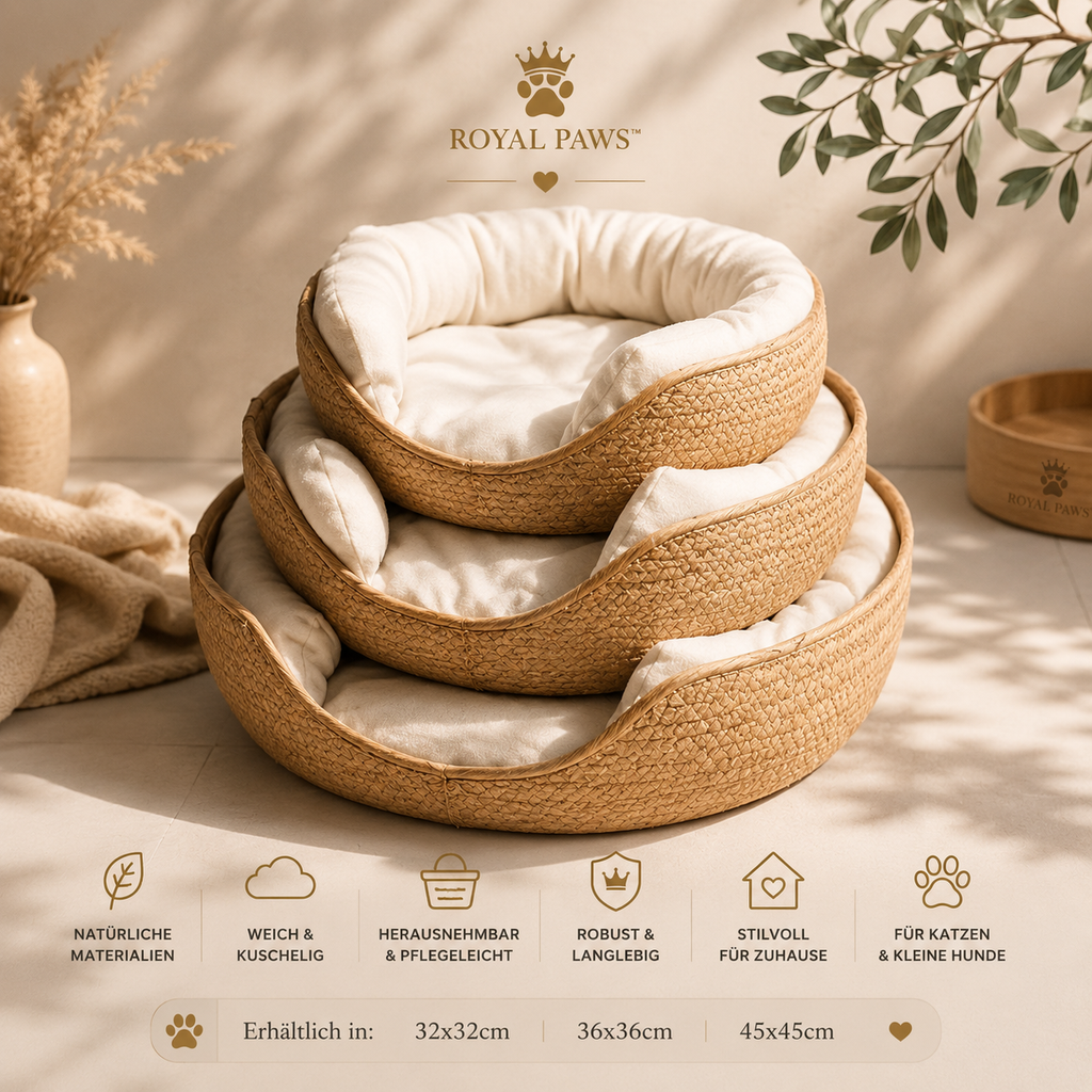 🧺 Royal Paws™ CozyNest - Handgewebtes Katzen- & Hundebett aus Naturfasern