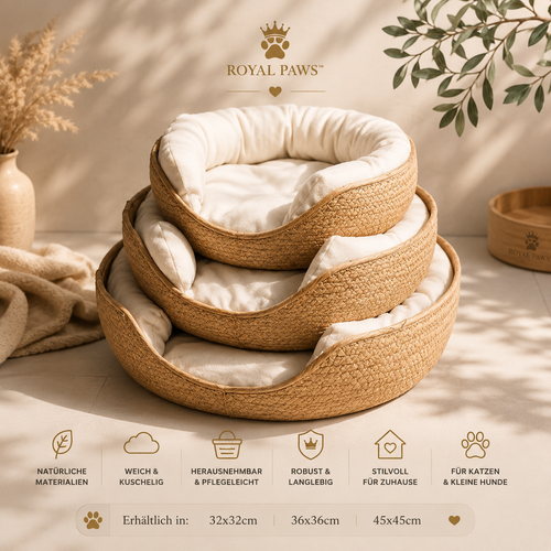 🧺 Royal Paws™ CozyNest - Handgewebtes Katzen- & Hundebett aus Naturfasern
