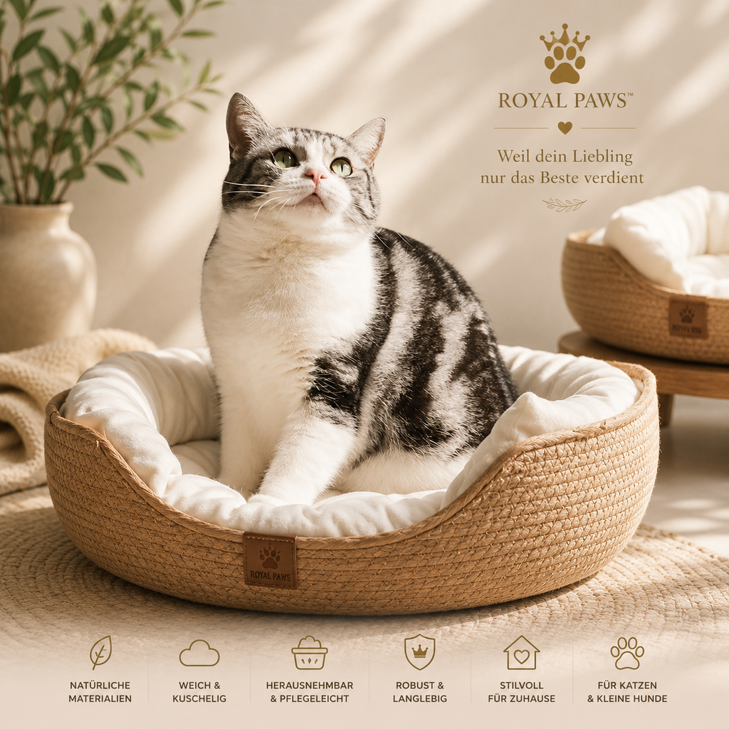 🧺 Royal Paws™ CozyNest - Handgewebtes Katzen- & Hundebett aus Naturfasern