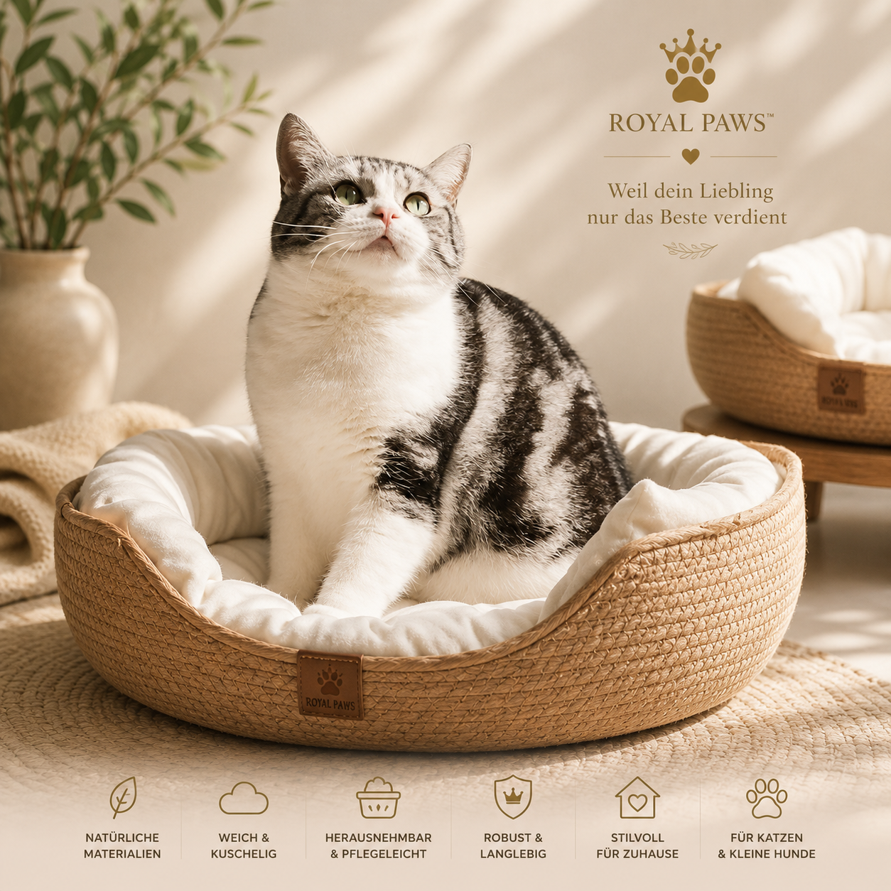 🧺 Royal Paws™ CozyNest - Handgewebtes Katzen- & Hundebett aus Naturfasern