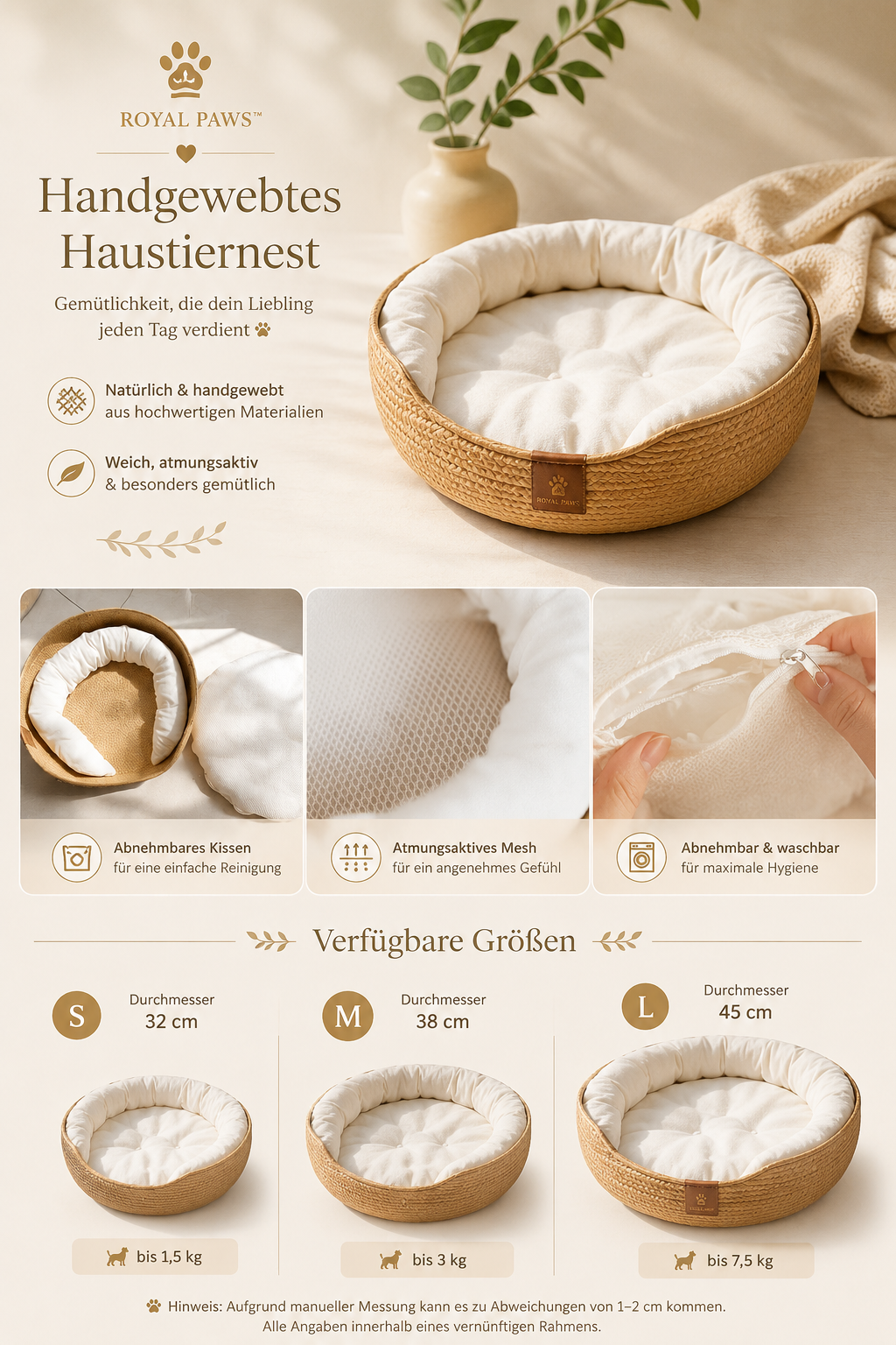 🧺 Royal Paws™ CozyNest - Handgewebtes Katzen- & Hundebett aus Naturfasern