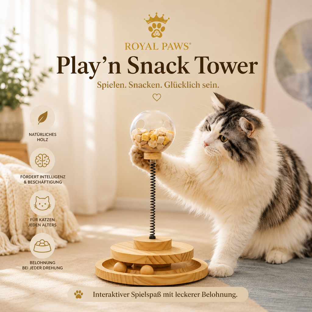 🐱 Royal Paws™ Play’n Snack Tower – Holz-Spielzeug & Futterspender für Katzen