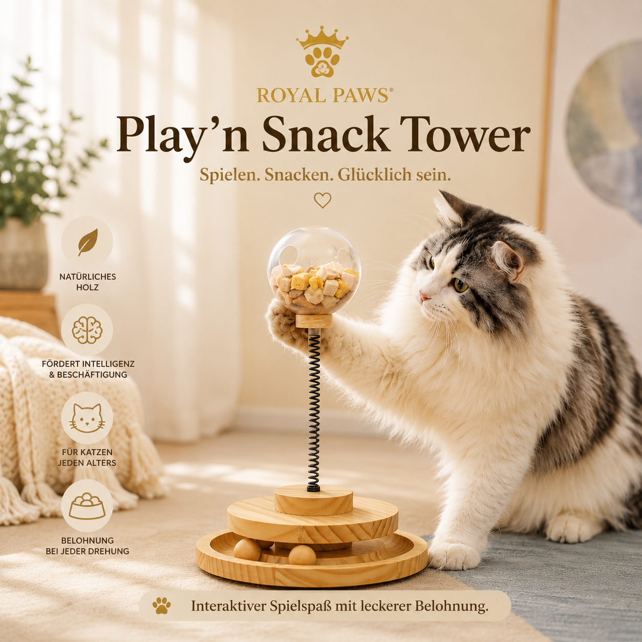 🐱 Royal Paws™ Play’n Snack Tower – Holz-Spielzeug & Futterspender für Katzen