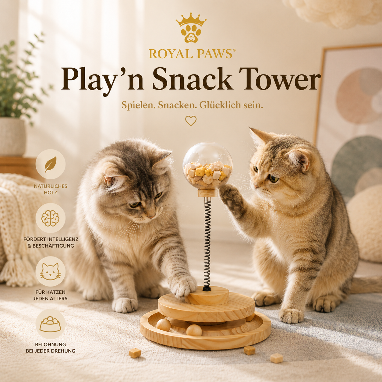 🐱 Royal Paws™ Play’n Snack Tower – Holz-Spielzeug & Futterspender für Katzen