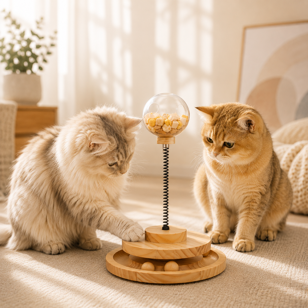 🐱 Royal Paws™ Play’n Snack Tower – Holz-Spielzeug & Futterspender für Katzen