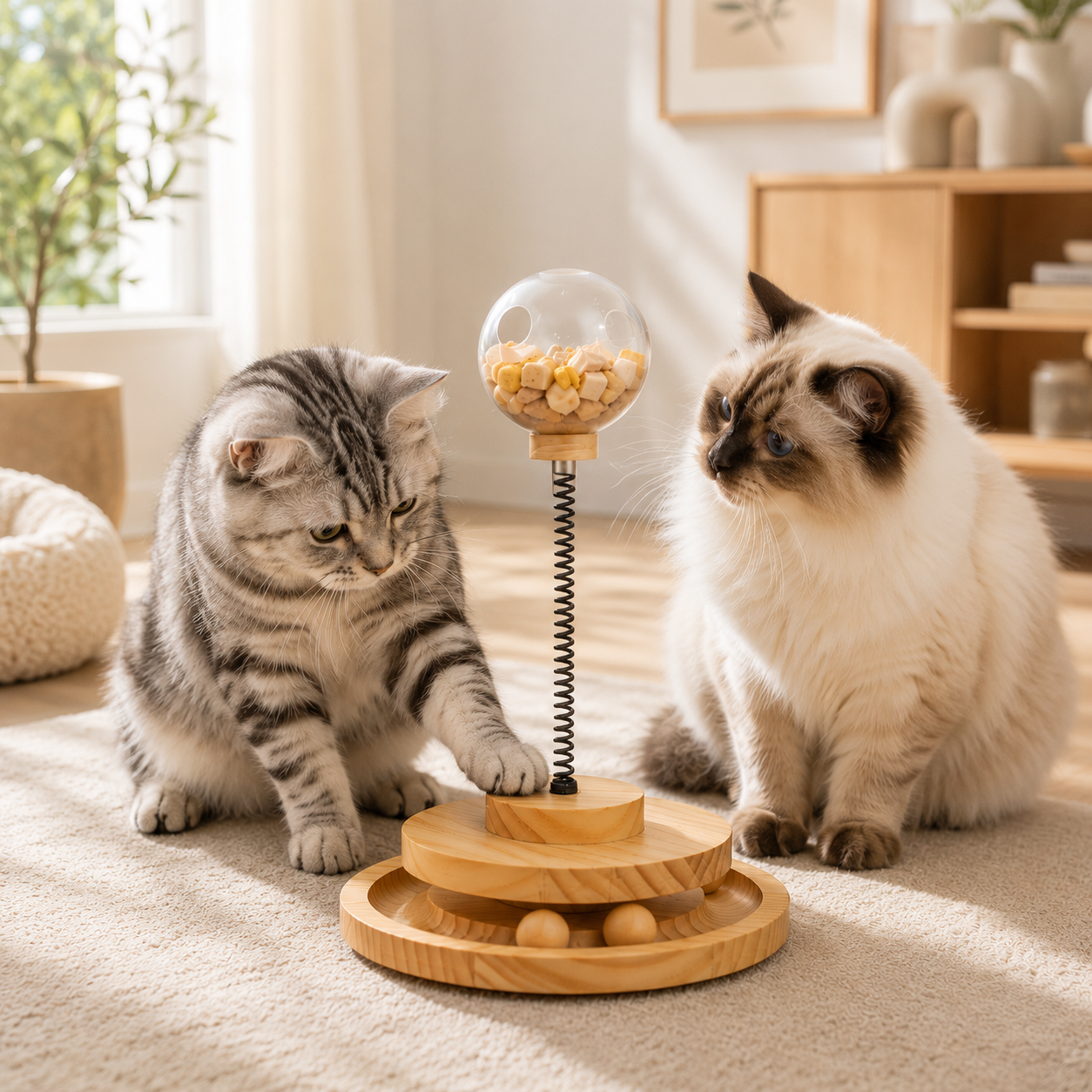 🐱 Royal Paws™ Play’n Snack Tower – Holz-Spielzeug & Futterspender für Katzen