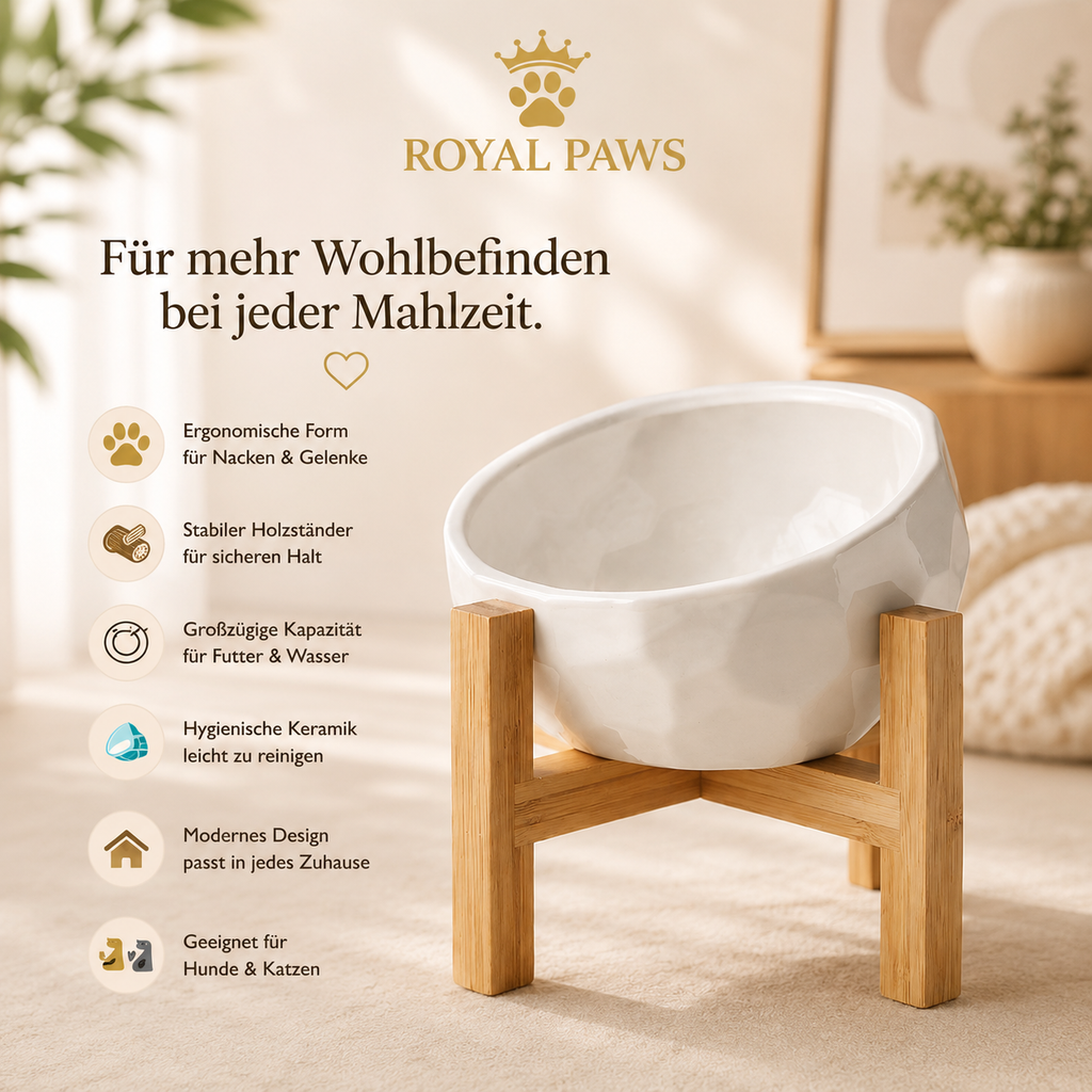 🍽️ Royal Paws™ Keramik-Napf mit Holzständer – Ergonomischer Futter- & Wassernapf für Hunde & Katzen