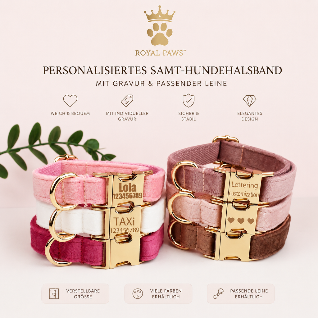 👑 Royal Paws™ Samt-Hundehalsband mit personalisierter Gravur & passender Leine