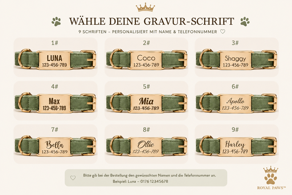 👑 Royal Paws™ Samt-Hundehalsband mit personalisierter Gravur & passender Leine