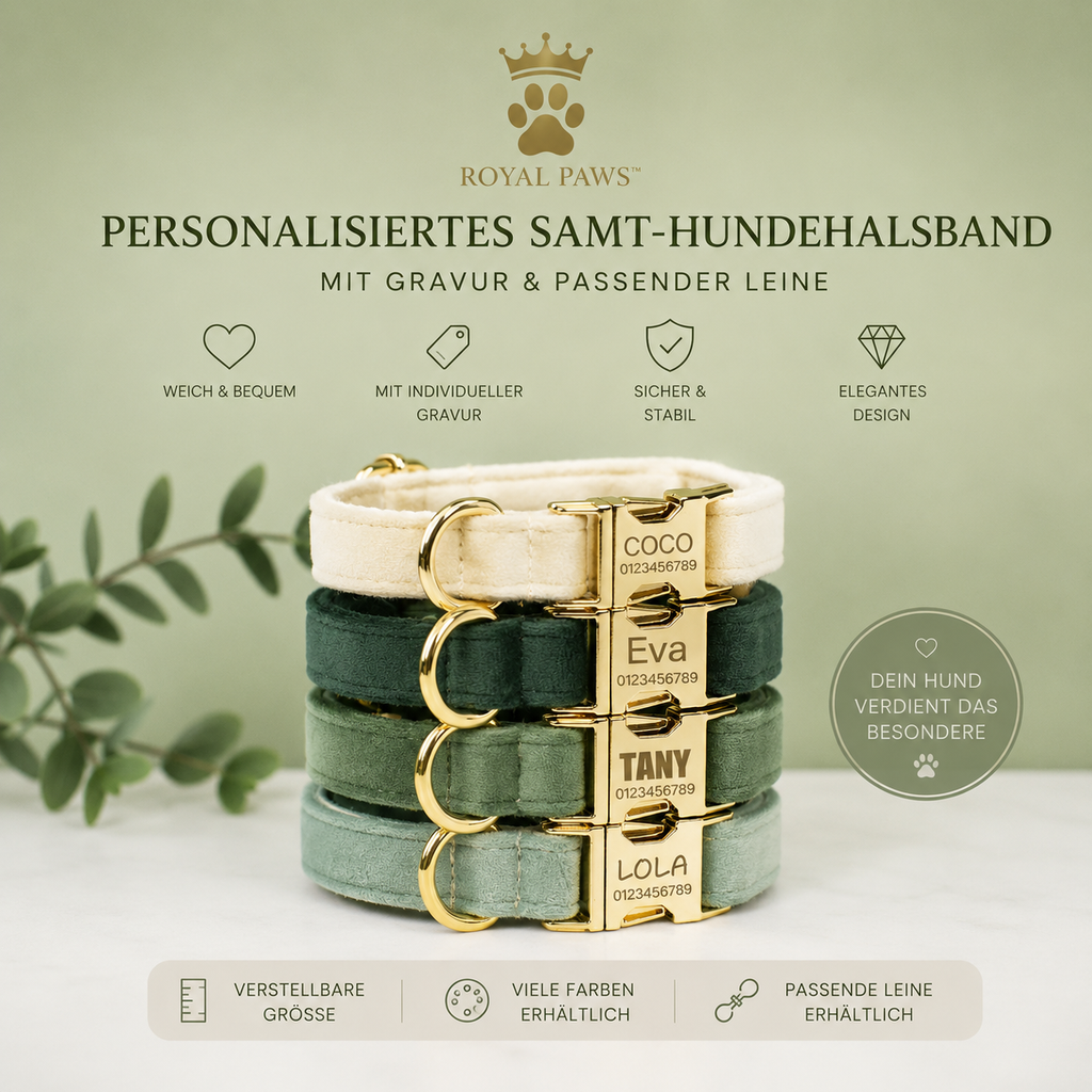 👑 Royal Paws™ Samt-Hundehalsband mit personalisierter Gravur & passender Leine