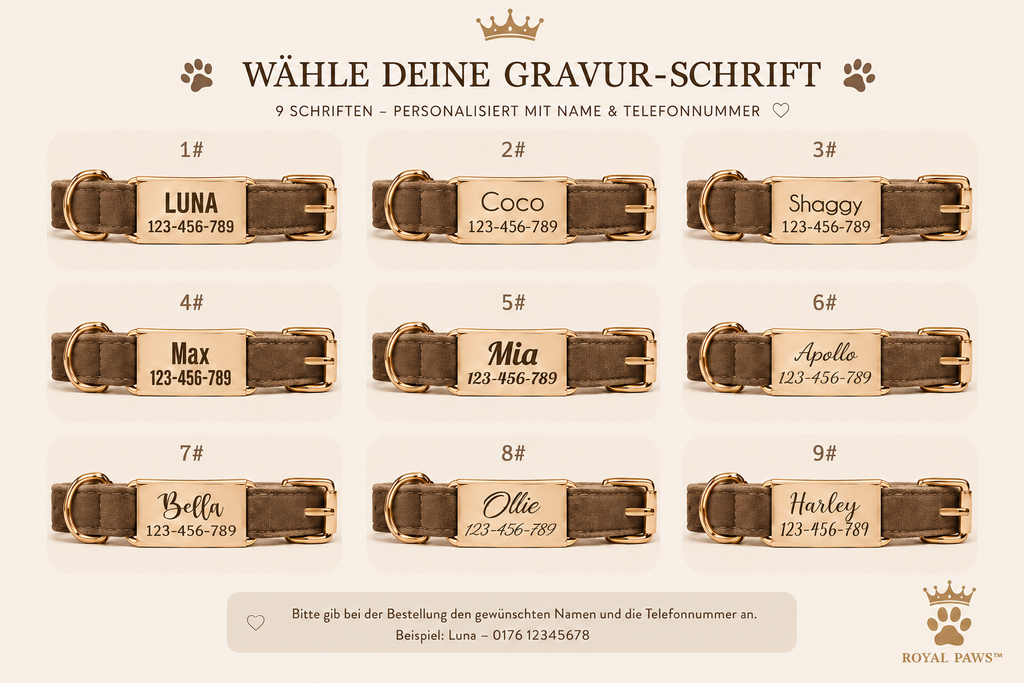 👑 Royal Paws™ Samt-Hundehalsband mit personalisierter Gravur & passender Leine