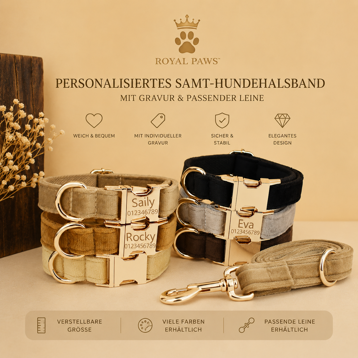 👑 Royal Paws™ Samt-Hundehalsband mit personalisierter Gravur & passender Leine