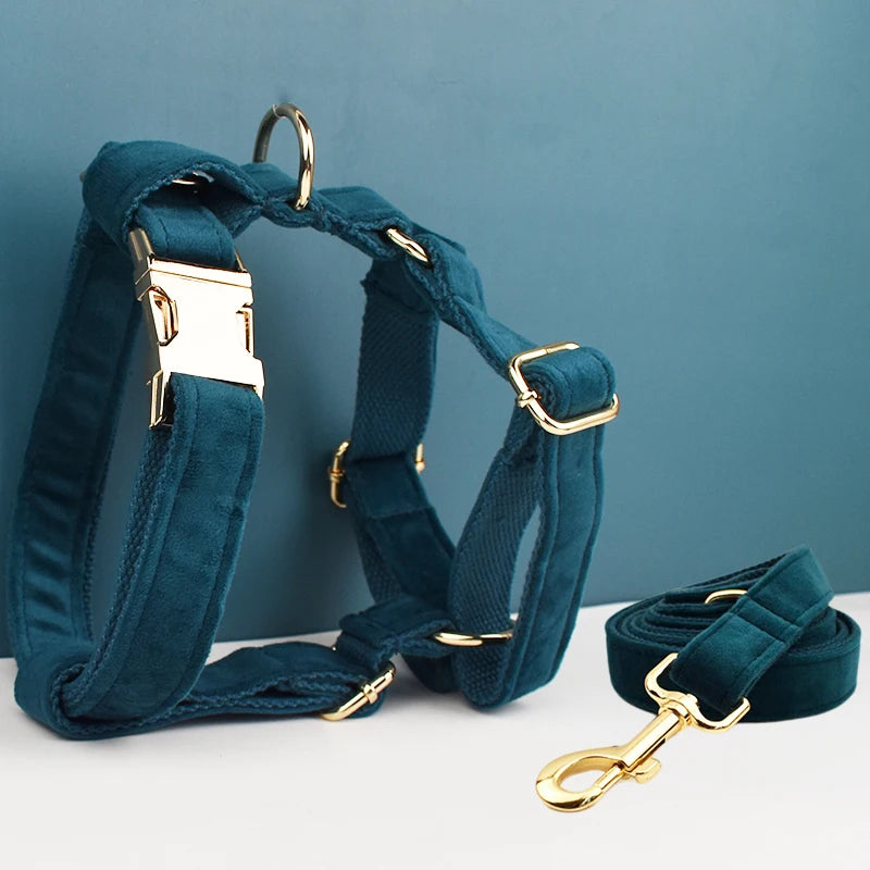 ✨ Royal Paws™ Personalisiertes Samt Hundegeschirr Set mit Leine & Namensgravur