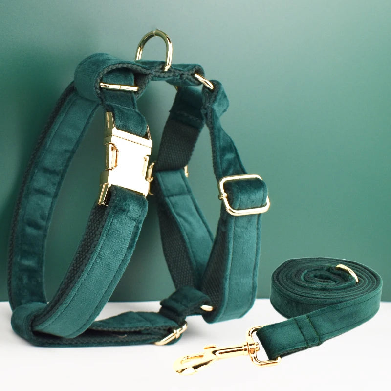✨ Royal Paws™ Personalisiertes Samt Hundegeschirr Set mit Leine & Namensgravur